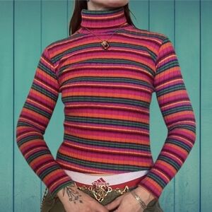 Vintage Rainbow Stripe Turtleneck Sweater Top XXS EUC